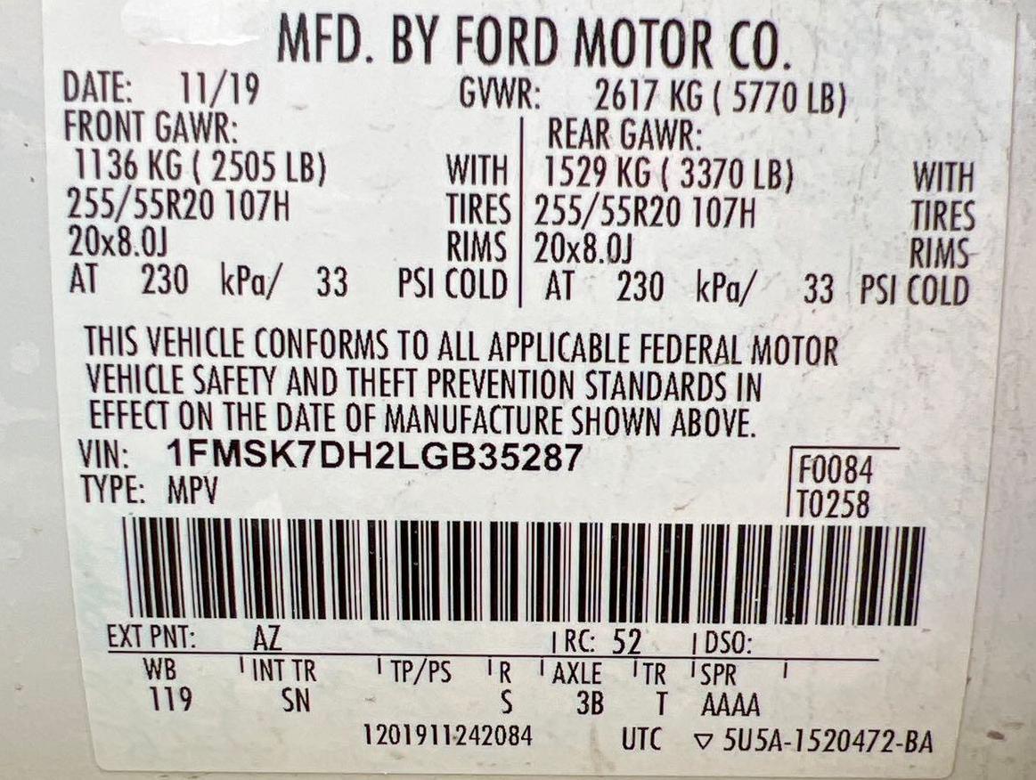 2020 Ford Explorer (MPV), VIN # 1FMSK7DH2LGB35287