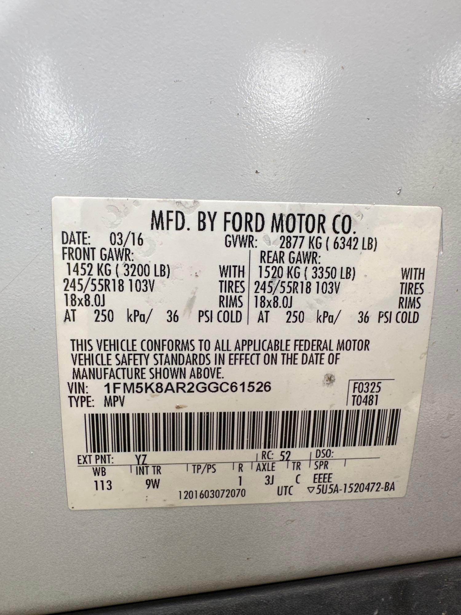 2016 Ford Explorer Multipurpose Vehicle (MPV), VIN # 1FM5K8AR2GGC61526