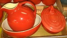 VINTAGE HALL CHINESE RED PITCHER, BOWL, CASSEROLE DISH - PICK UP ONLY