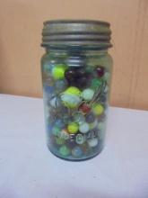 Vintage Blue Ball Special Quart Jar of Marbles