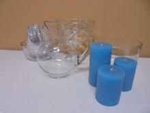 Group of Assorted Glassware & 3pc Pillar Candle Set