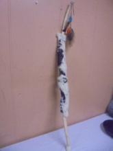 Wooden Indian Walking Stick w/ Fur & Feathers