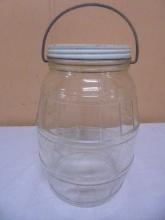 Vintage Glass Barrel Jar w. Original Lid & Bale Handle
