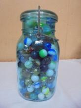 Blue Glass Ball Quart Jar of Marbles