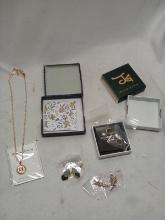 4Pc  Womens Jewelry Lot- “H” Neck., Mini Hoops, Stone Earrings, Leaf Earrings