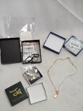 3Pc Womens Jewelry Lot- “T” Slip Bracelet, Mini Hoops, Heart w/ Pearl Neck.