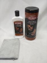 Weiman Leather Cleaning Supplies And A Cloth Wipe.