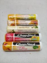 5Pc Chapstick Lot- Mango Sunrise, Van. Mint, Clover Honey, Straw. Ice Pop, P&C