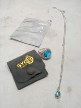 2Pc GYOEI Womens Blue Stone and Silver Jewelry Lot- Ring and Necklace