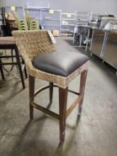 Wood Frame Plastic Wicker Counter Stools with Brown Seat Cushions