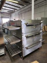 XLT Mdl. 3855 Triple Stack Gas Conveyor Pizza Oven with Split Belt on Bottom Oven.