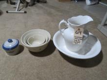 Longaberger Mixing bowls, Butter Crock, Bowl & Pitcher