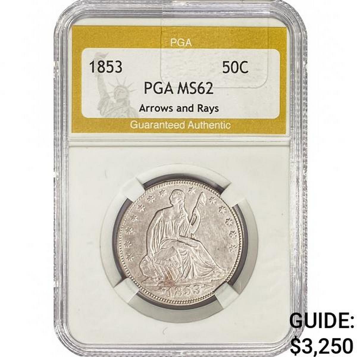 1853 Seated Liberty Half Dollar PGA MS62 ARWS&Rays