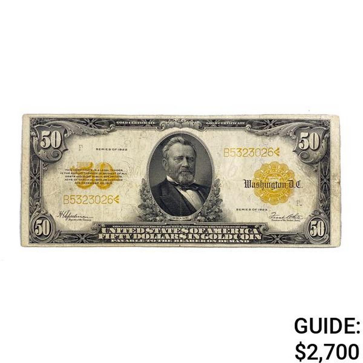 1922 $50 GRANT GOLD CERT NOTE VF