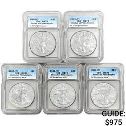 (5) 2020-P American Silver Eagle ICG MS70