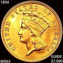 1854 $3 Gold Piece CHOICE BU