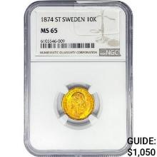 1874 .1296oz. Gold ST Sweden 10 Kroner NGC MS65