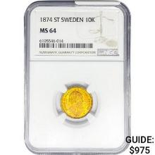 1874 .1296oz. Gold ST Sweden 10 Kroner NGC MS64