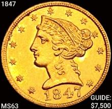 1847 $5 Gold Half Eagle CHOICE BU