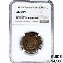 1793 Flowing Hair Large Cent NGC AG3 BN Wreath Vine&Bars