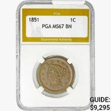 1851 Braided Hair Large Cent PGA MS67 BN