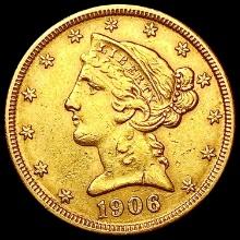 1906-D $5 Gold Half Eagle NEARLY UNCIRCULATED