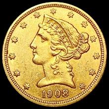 1908 $5 Gold Half Eagle CLOSELY UNCIRCULATED