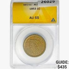 1853 Braided Hair Large Cent ANACS AU55