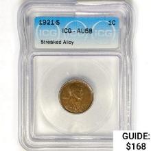 1921-S Wheat Cent ICG AU58 Streaked Alloy