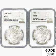 [2] Morgan Silver Dollars NGC MS63 [1884-O, 1886]