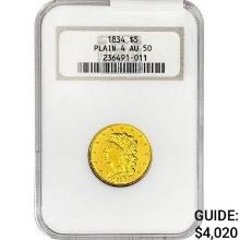 1834 $5 Gold Half Eagle NGC AU50 Plain 4