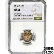 1918-S Mercury Silver Dime NGC MS64