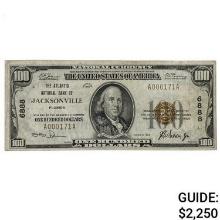 1929 $100 THE ATLANTIC NATIONAL BANK OF JACKSONVILLE, FL NATIONAL CURRENCY CH. #6888 EXTREMELY FINE