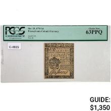 OCTOBER 25, 1775 3d THREE PENCE PENNSYLVANIA COLONIAL CURRENCY NOTE PCGS CHOICE UNCIRCULATED-63PPQ