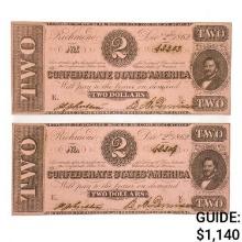 (2) CONSECUTIVE 1864 $2 TWO DOLLARS JUDAH BENJAMIN CSA CONFEDERATE STATES OF AMERICA NOTES UNCIRCULA