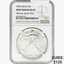 1992 Silver Eagle NGC MS69 Mint Error