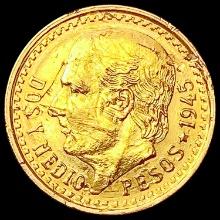 1945 Mexico Gold 2.5 Pesos 0.0603oz CLOSELY UNCIRCULATED