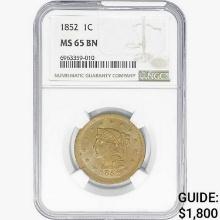 1852 Braided Hair Large Cent NGC MS65 BN
