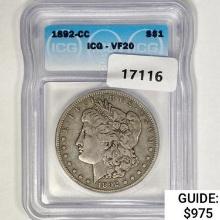 1892-CC Morgan Silver Dollar ICG VF20
