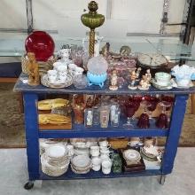 Three Tier Cart of Fine Porcelains, Glassware, Lamps, Derby Glasses and Much More