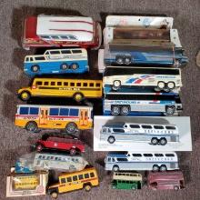 16 Die-Cast, Plastic and Tin Litho Greyhound and Other Bus Replica Toys in Varied Sized