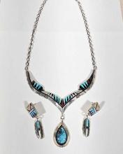 Native American Sterling Silver Inlay Necklace with Matching Earrings