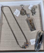 Native American Sterling Silver Pendants, Pins, & Necklace