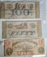 3 1862 Notes - Confederate Era Louisiana $100 One Hundred Dollar, $50 Fifty Dollar and $1 One Dollar