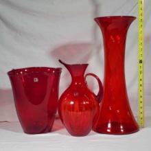 Vintage Red Blenko Art Glass Vases and Ewer