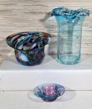 3 Pcs. Art Glass - Vase & 2 Bowls