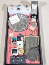 Tray of Estate Jewelry, Mesh Purses, & More incl. Gold & Sterling Silver
