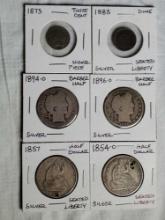 6 1800s Silver US Coins - 1854-O, 1857, 1894-O, and 1896-O Half Dollars, 1883 Dimes & 1873 Three