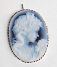 Vintage 14k Gold Blue Agate Cameo Pin/Pendant