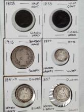 6 Antique US Coins - 1913 Half, 1841-O & 1857 Quarters, 1877 Dime, 1828 and 1833 Half Cents